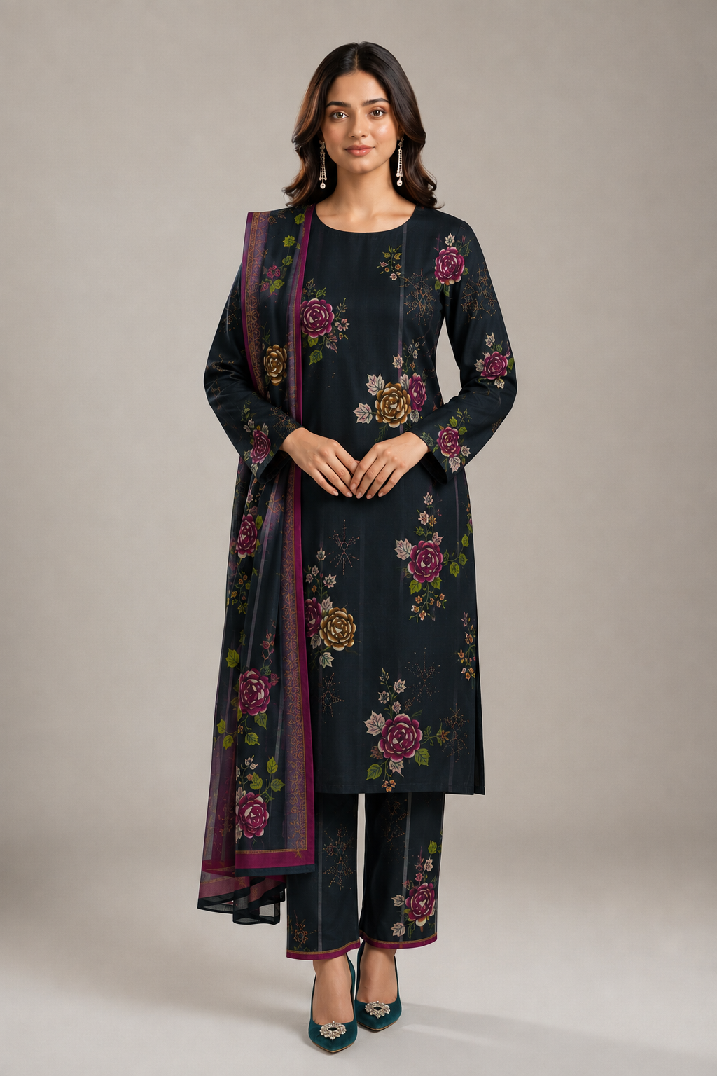 Midnight Floral Printed 3-Piece Lawn Suit with Printed Dupatta