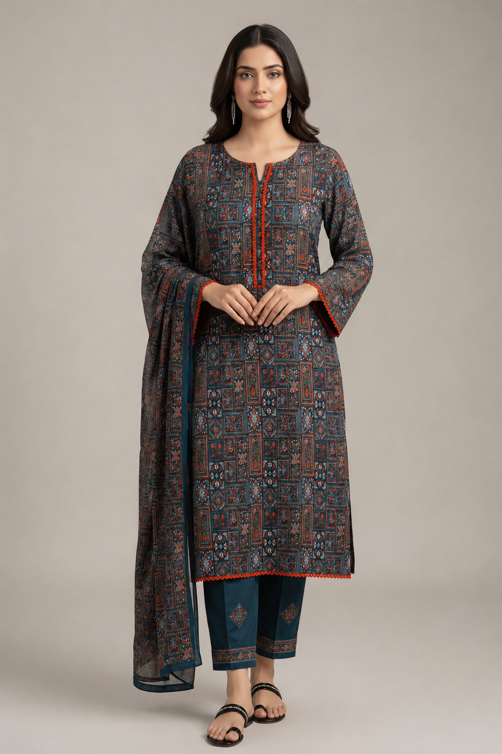 Teal Printed 3 Piece Suit with Dupatta