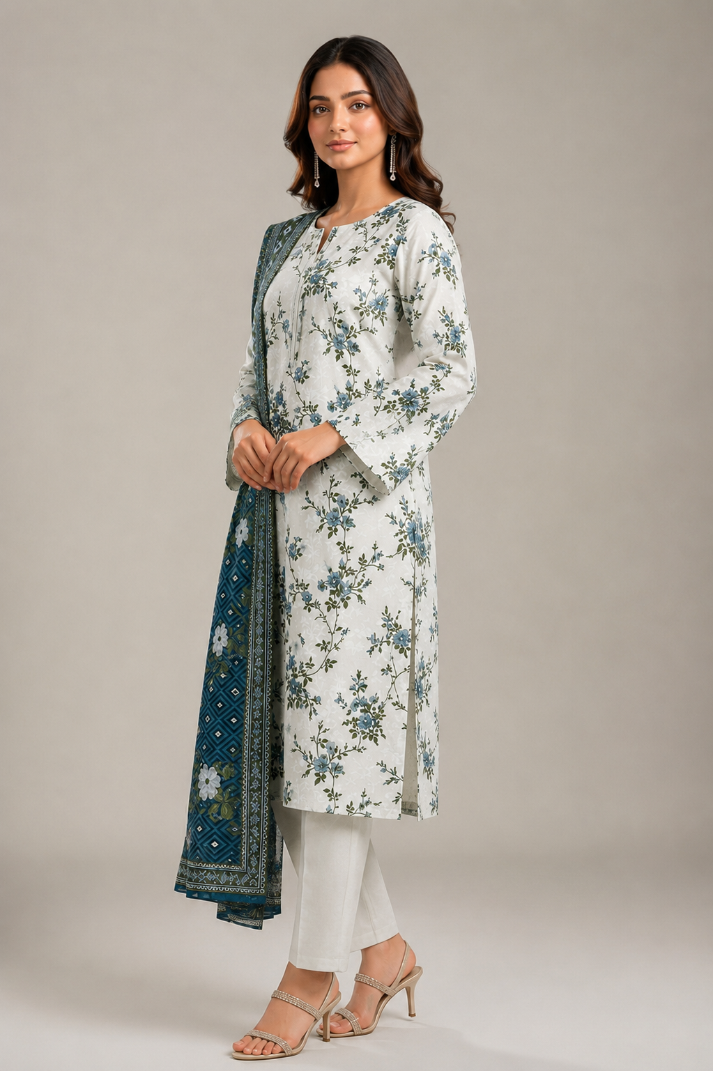 Teal Green Printed 3-Piece Suit