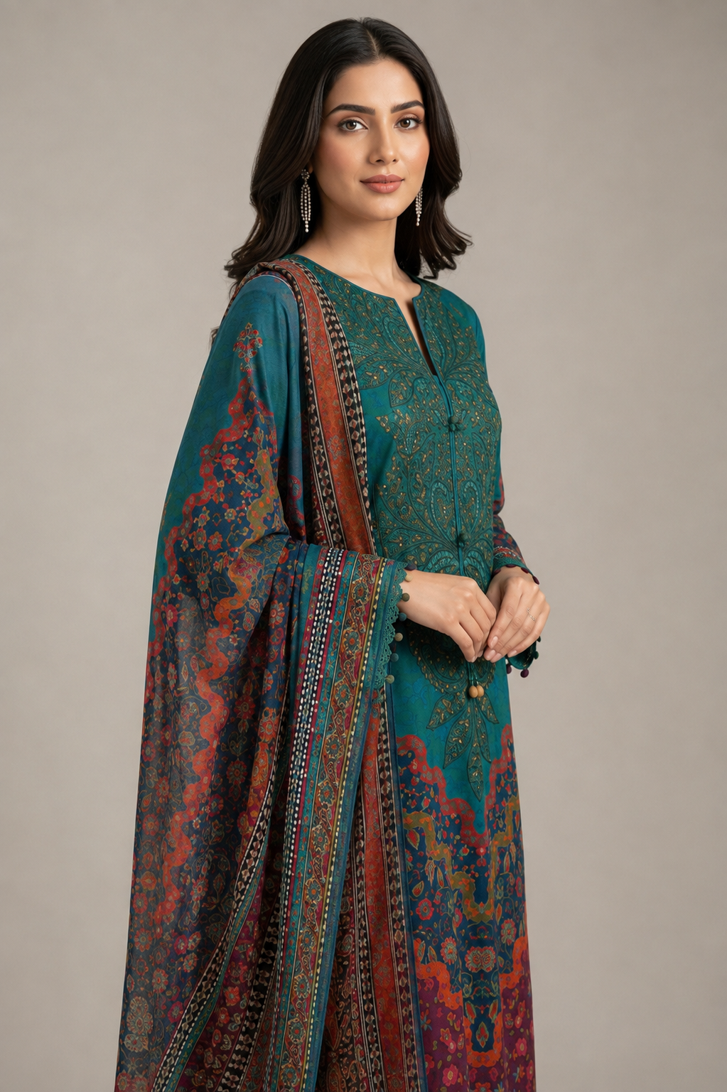 Teal Printed Lawn 3-Piece Embroidered Suit with Printed Dupatta