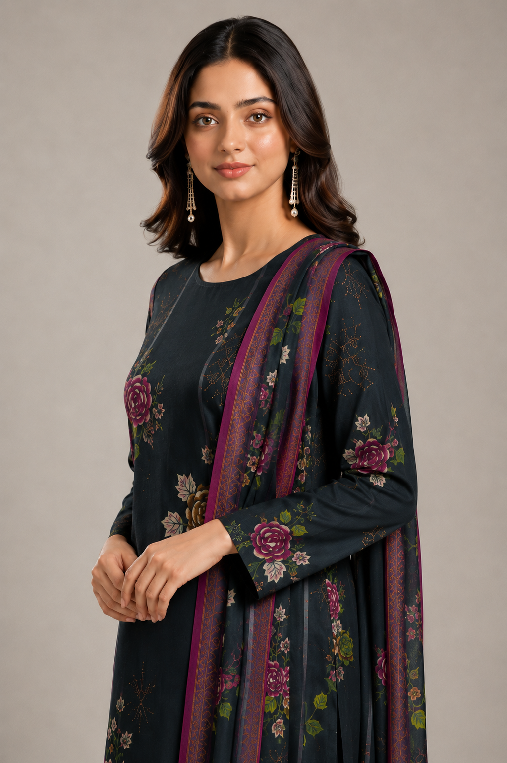 Midnight Floral Printed 3-Piece Lawn Suit with Printed Dupatta