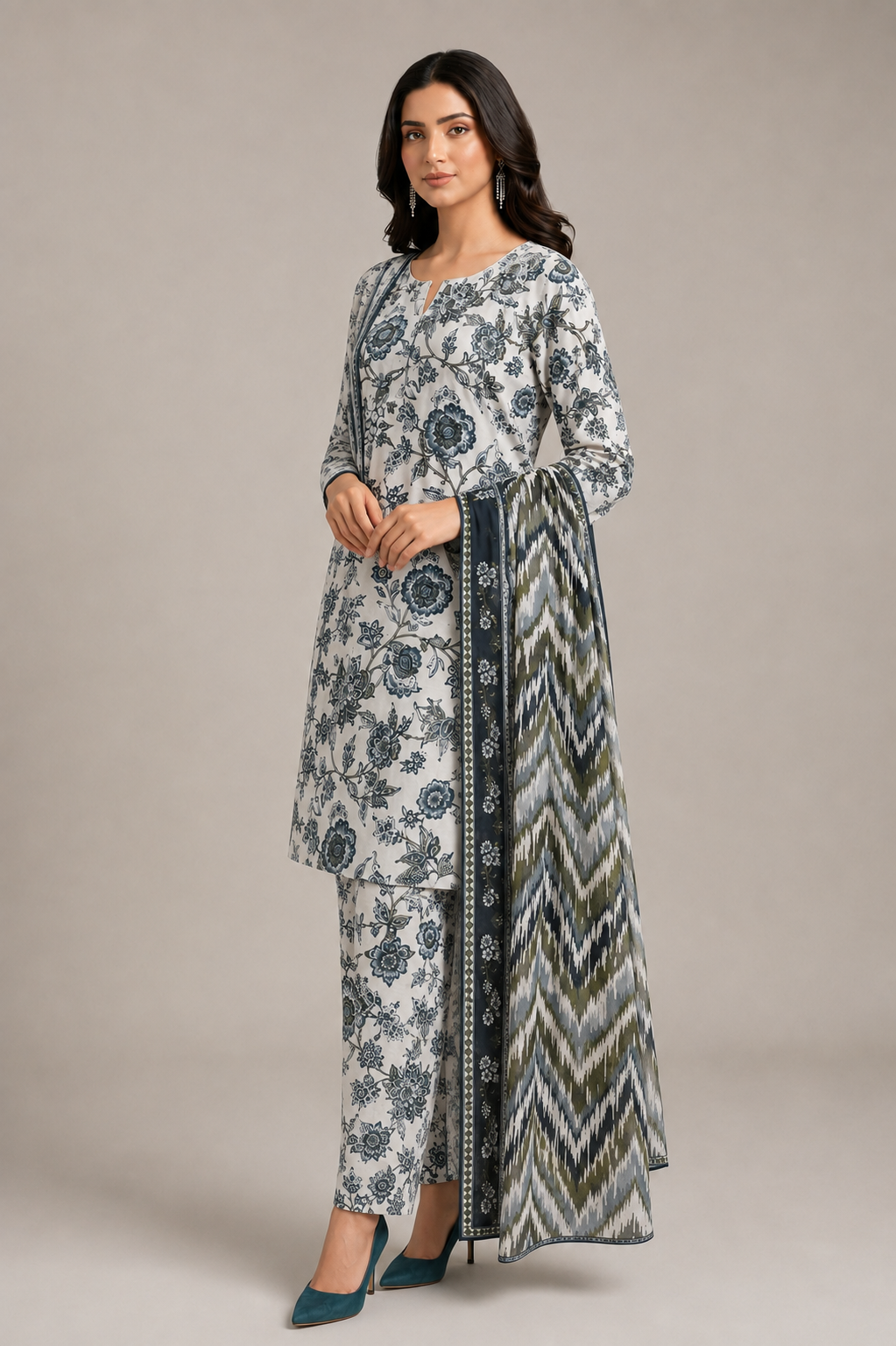 Printed Lawn 3-Piece Suit with Floral Kurta & Printed Dupatta