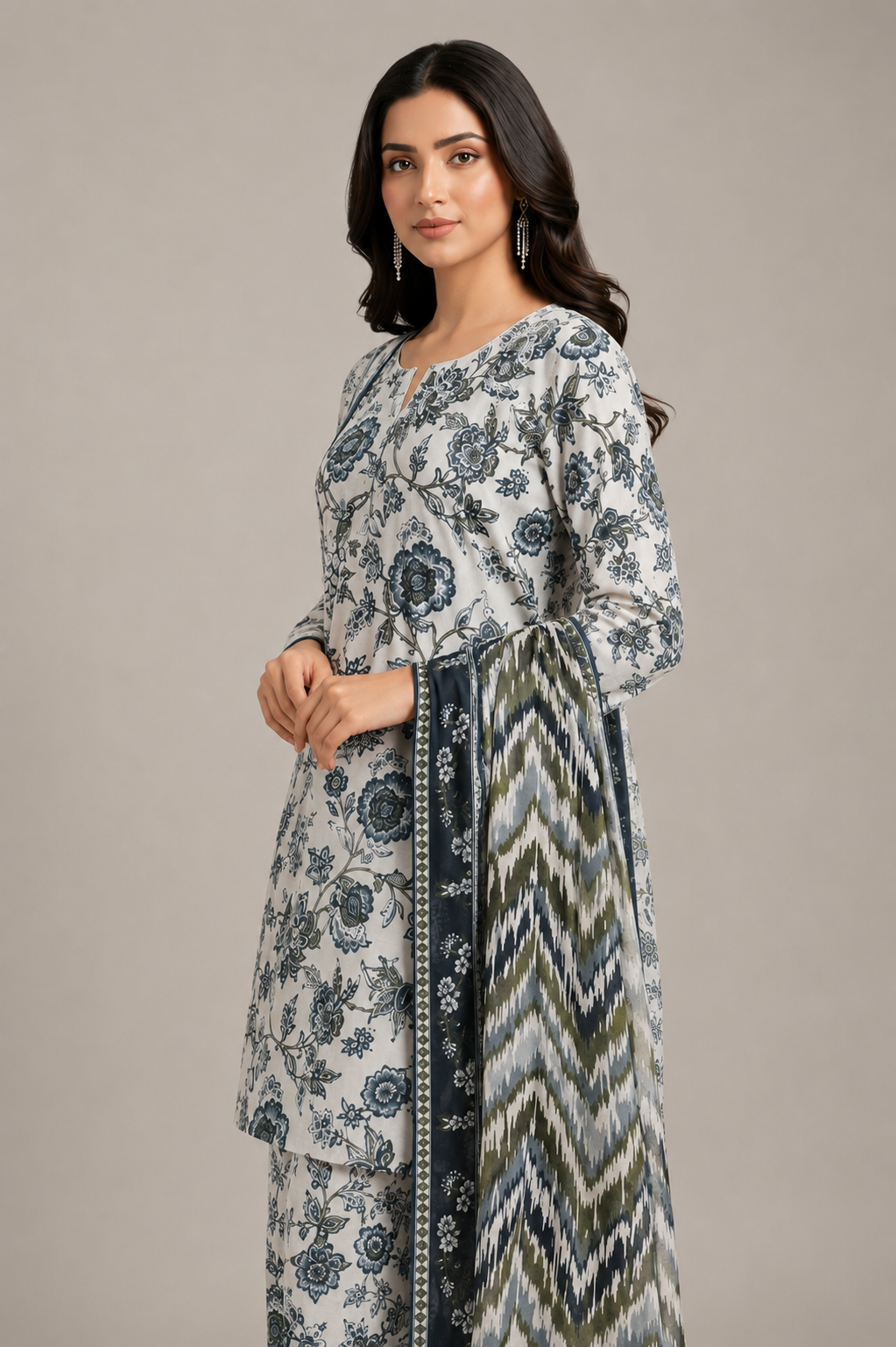 Printed Lawn 3-Piece Suit with Floral Kurta & Printed Dupatta