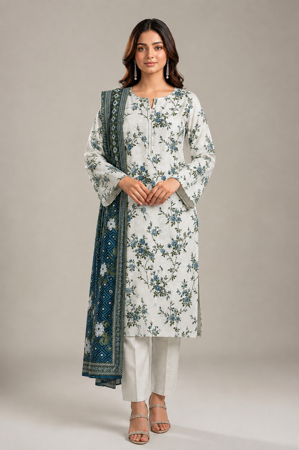 Teal Green Printed 3-Piece Suit