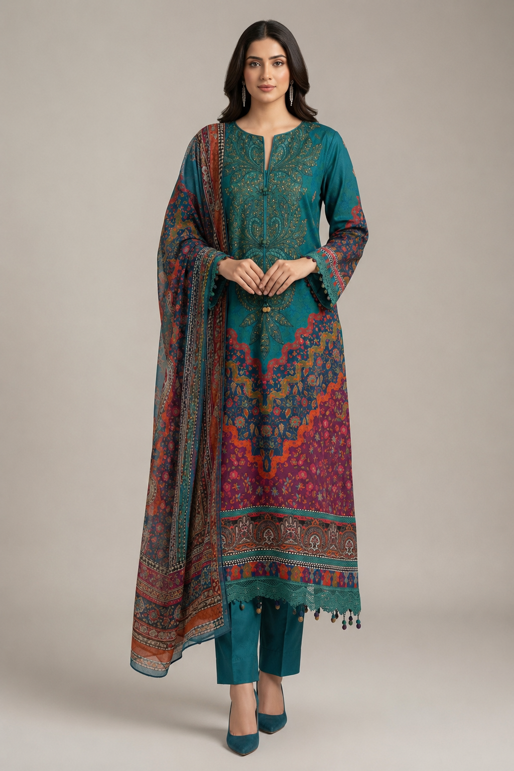 Teal Printed Lawn 3-Piece Embroidered Suit with Printed Dupatta