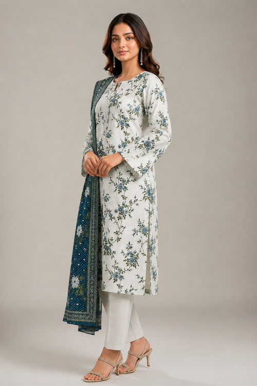 Teal Green Printed 3-Piece Suit